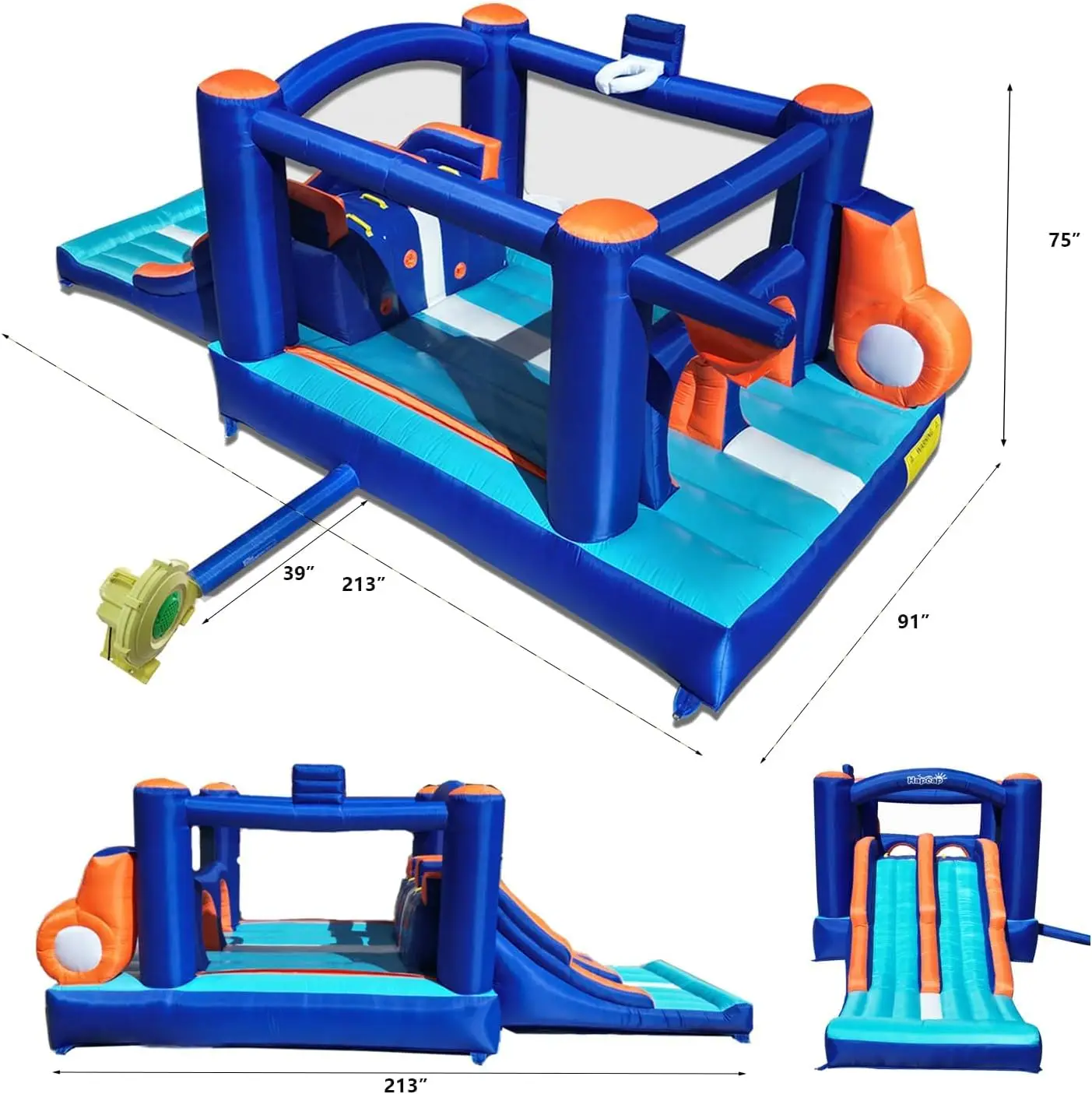منزل ترتد قابل للنفخ للأطفال - 2 شرائح سباق، منطقة قفز واسعة، أنفاق وجدران التسلق مع منفاخ للعب في الهواء الطلق