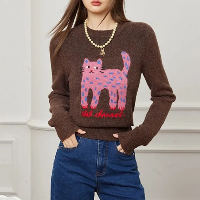 Cartoon Cat Women Sweater Pullovers Loose O Neck Knitwear Jumper Long Sleeve Soft Women Sweater Spring Korean reviews clothes