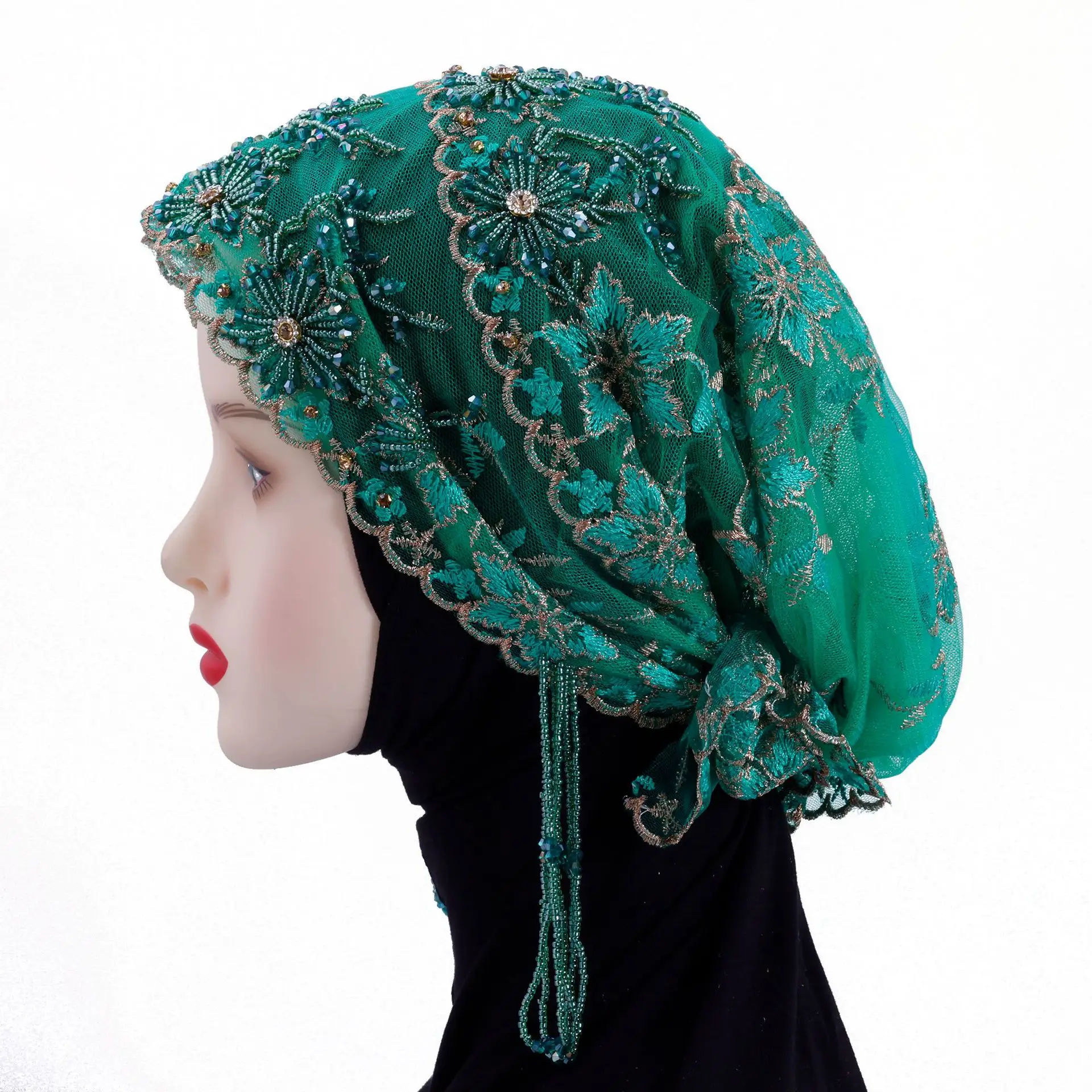 Di lusso Nappa Che Borda Ricamo Underscarf Musulmano Hijab Donne Fiore di Pizzo Turbante Cofano Cappello Interno Islam Berretti Perdita di Capelli Wrap