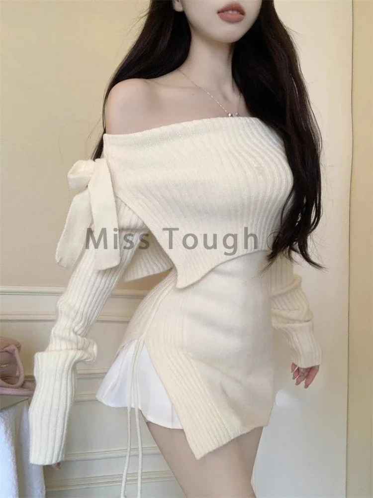 Off Shoulder Solid Sweet Bow Sweater Women Slash Neck Y2k Knitted Slim Elegant Tops Female Korean Fashion Casual Pullovers 2024