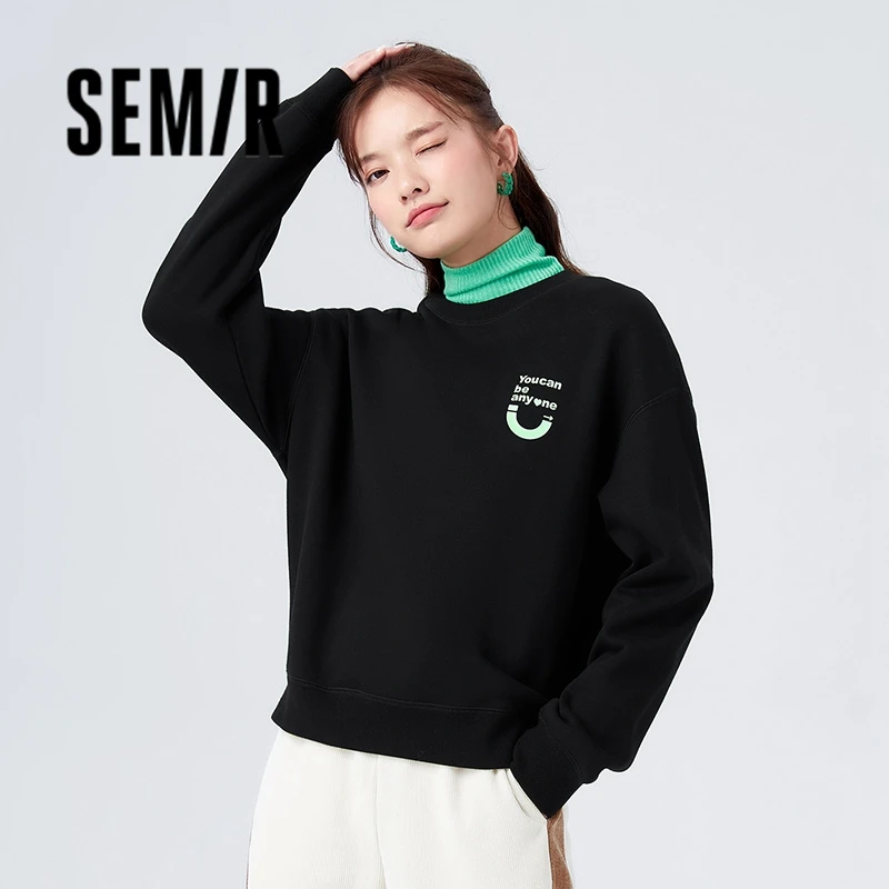 Semir Sweatshirt Women Loose Polar Fleece Round Neck Off-Shoulder 2023 Winter New Versatile Printed Top