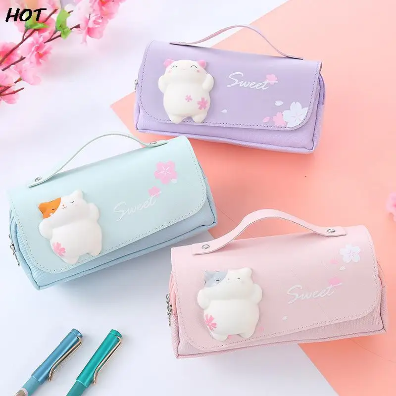 Cute Cat Large Capacity Stress Relieving Pencil Case Big Pencil Box Portable Girls Pen Bag Double Layer School Cosmetic Bag