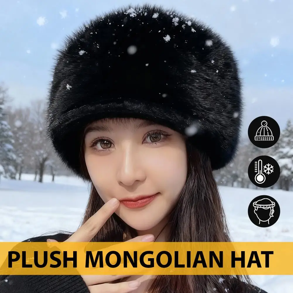 Chapéu mongol de pelúcia inverno quente chapéu de pele do falso macio elástico gorros à prova de frio orelha mais quente à prova de vento ajustável headbands para mulher