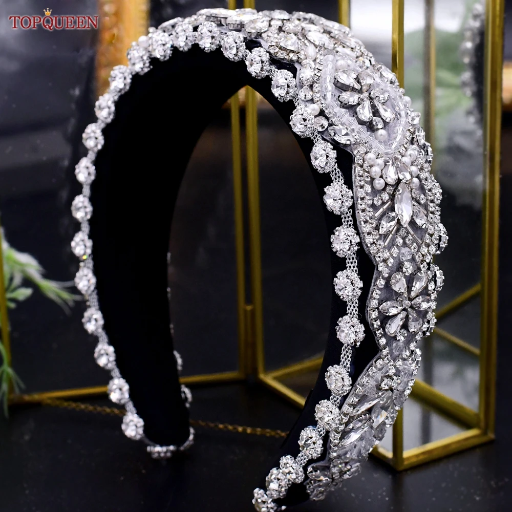 

TOPQUEEN SA24 Luxury Wedding Hairbands Bridal Headdress Pearl Crystal Girls Hair Accessories Sponge Black Headband