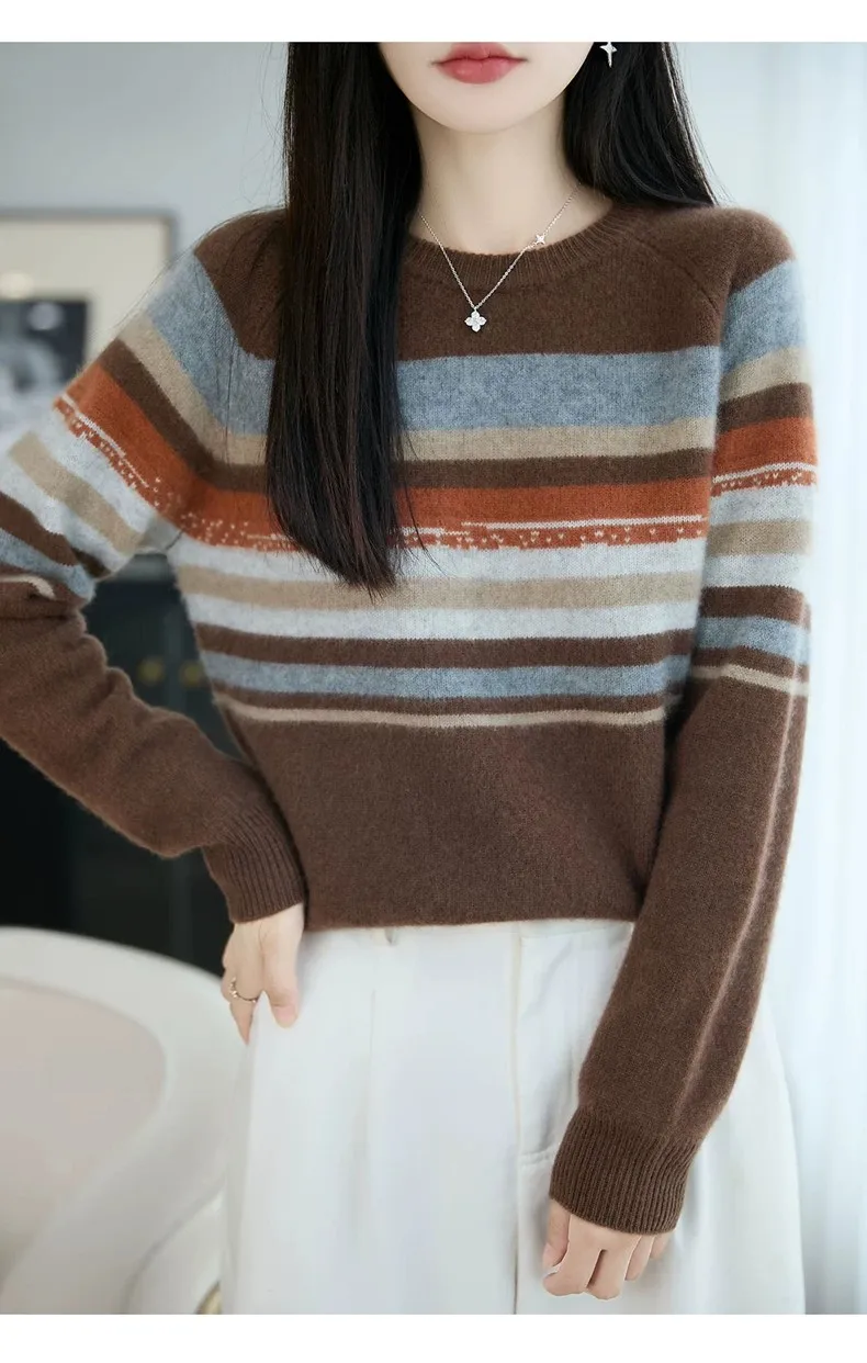 Autumn and winter 100% pure wool striped retro style round-neck wool knit women's long-sleeved versatile sweater top