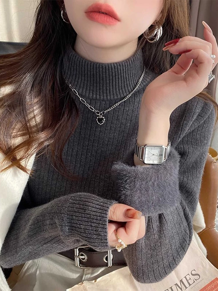 New Autumn and Winter Women's Integrated Fleece Sweater Elegant Semi-turtleneck Slim-fit Long-sleeved Bottoming Shirt Knitwear
