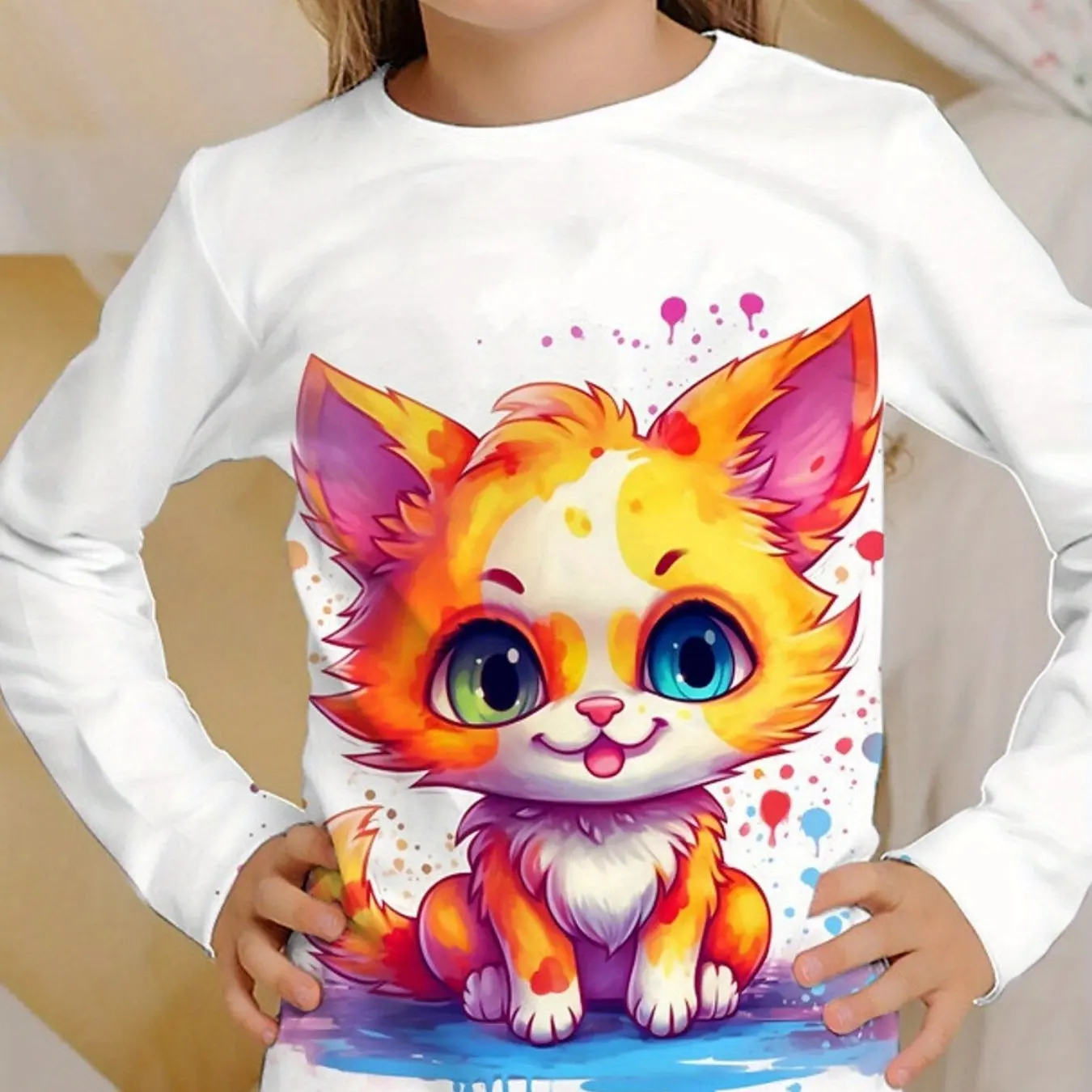 Children's Clothing Girl Clothes Long Sleeve Girl T-Shirt Casual Cartoon Cat Print Stylish Kids Summer Clothes Boy Girl Top Tees