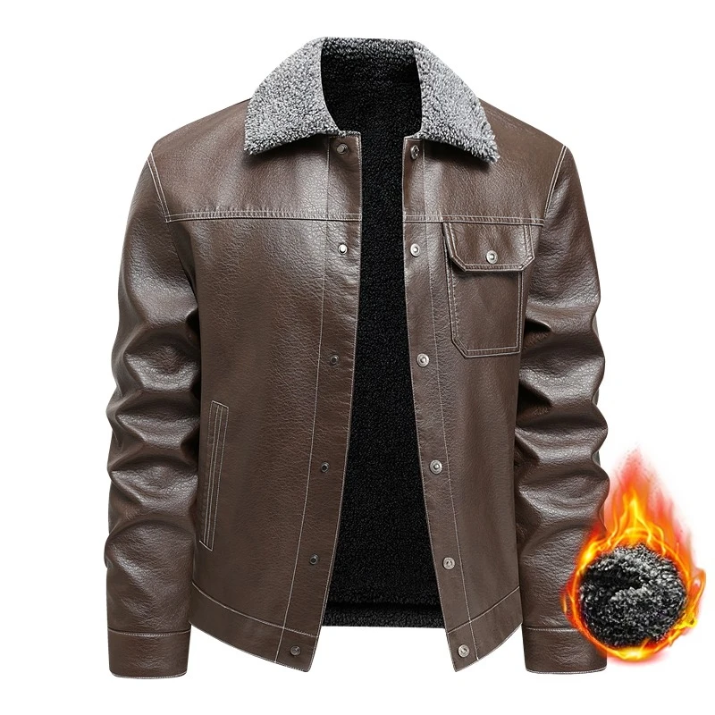 Fashionable Plus Size Casual Trendy Cool PU Leather Jacket for Autumn and Winter Men Thick and Warm with A Cotton Collar Jacket