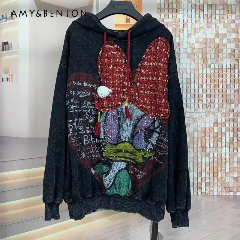 

Модная осенняя новинка: толстовка оверсайз с вышивкой и мультяшным принтом, свободного кроя, для женщин