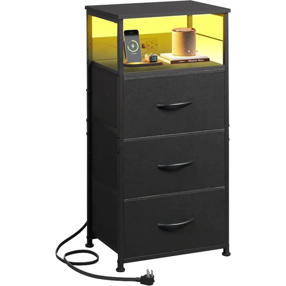 

LED Nightstand with Charging Station, Black Night Stand with 3 Fabric Drawers and Storage Shelf, Small Dresser for Small Space,