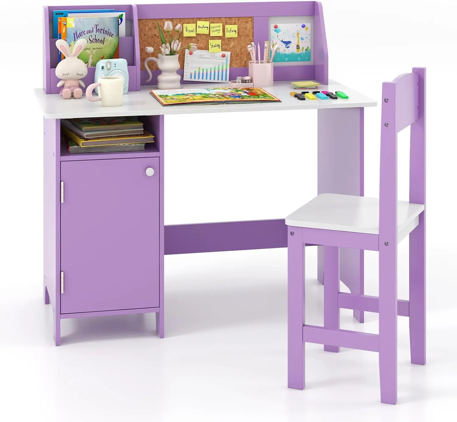 

Kids Desk and Chair Set, Wooden Children Study Table with Storage, Hutch, Cork Bulletin Board, Whiteboard & Marker, Student Com