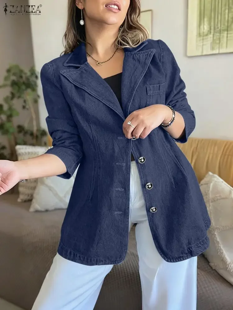 

ZANZEA 2025 женский осенний элегантный пиджак с длинными рукавами, однотонные пальто, модные повседневные офисные женские пальто с лацканами, свободная уличная одежда