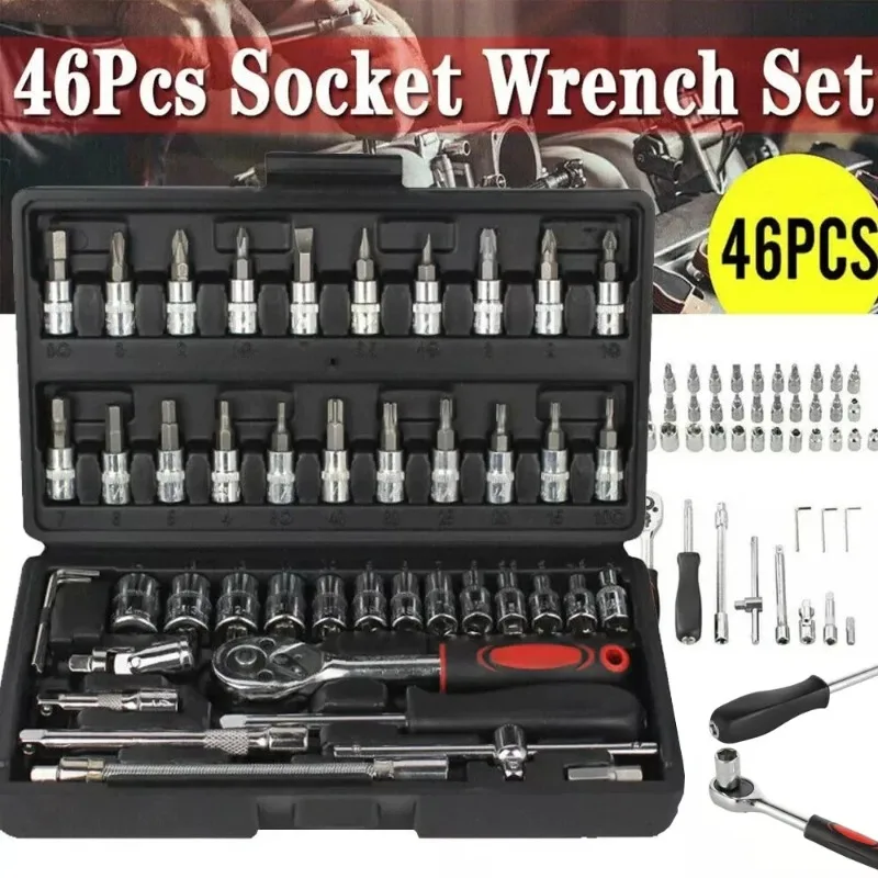 

46Pcs Car Repair Tool Kit 1/4" Drive Metric Flexible Head Ratcheting Wrench Combination Spanner Mechanic Tool Set