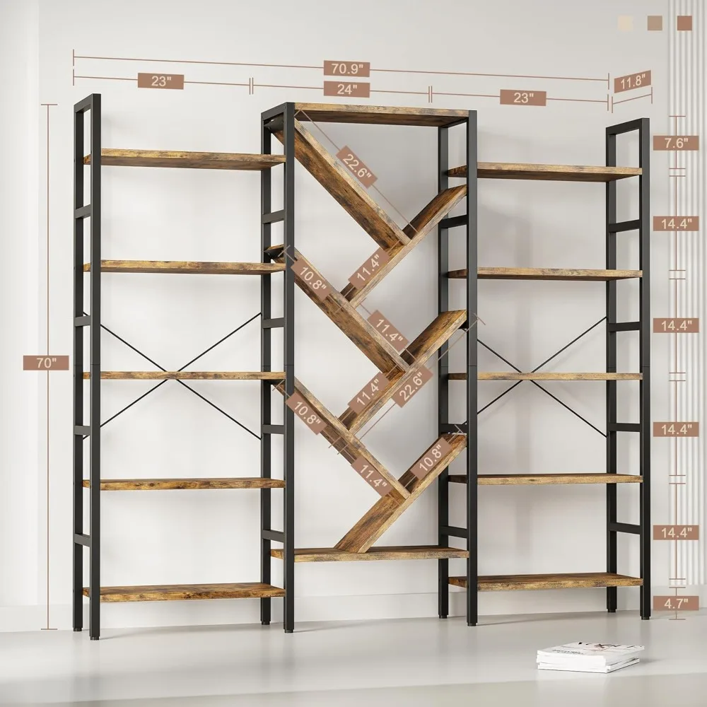 رف كتب خشبي كبير مقاس 70 × 70 ثلاثي الطبقات مع 17 رفًا مفتوحًا وإطار معدني حديث #2