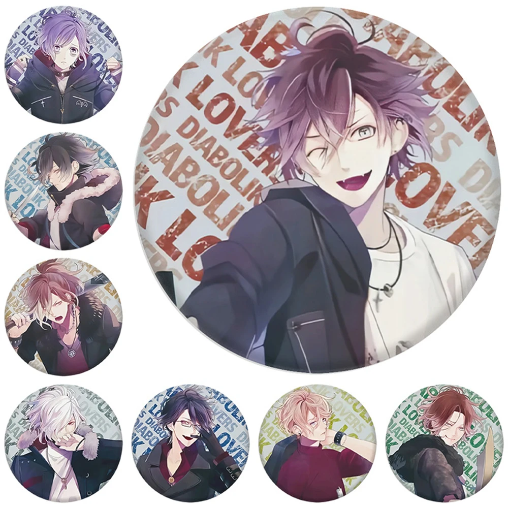 58mm anime diabolik amantes komori yui sakamaki shu cosplay traje crachá pino spte flandres broche ﻿   Adereço Gilf