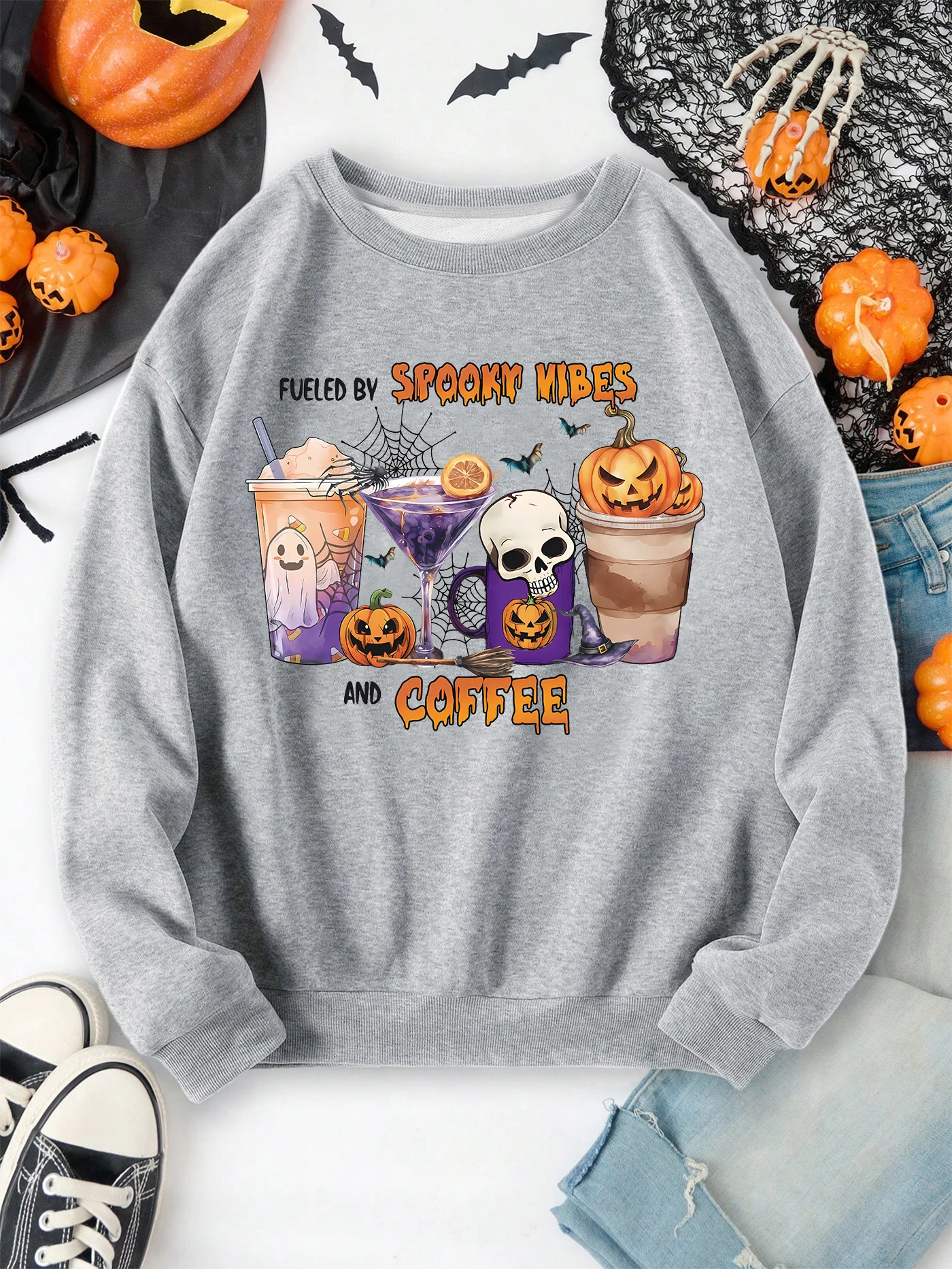 

Halloween print sweatshirt, crew neck casual sweatshirt for winter & fall, women's clothing.