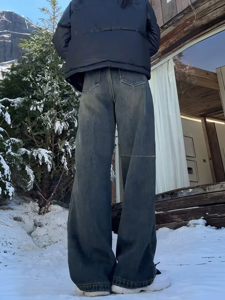 Fce Lined Wide Leg Jeans Women's Winter Slimming Warm Trousers High Waist Denim Pants Bootcut Trousers Casual Wear