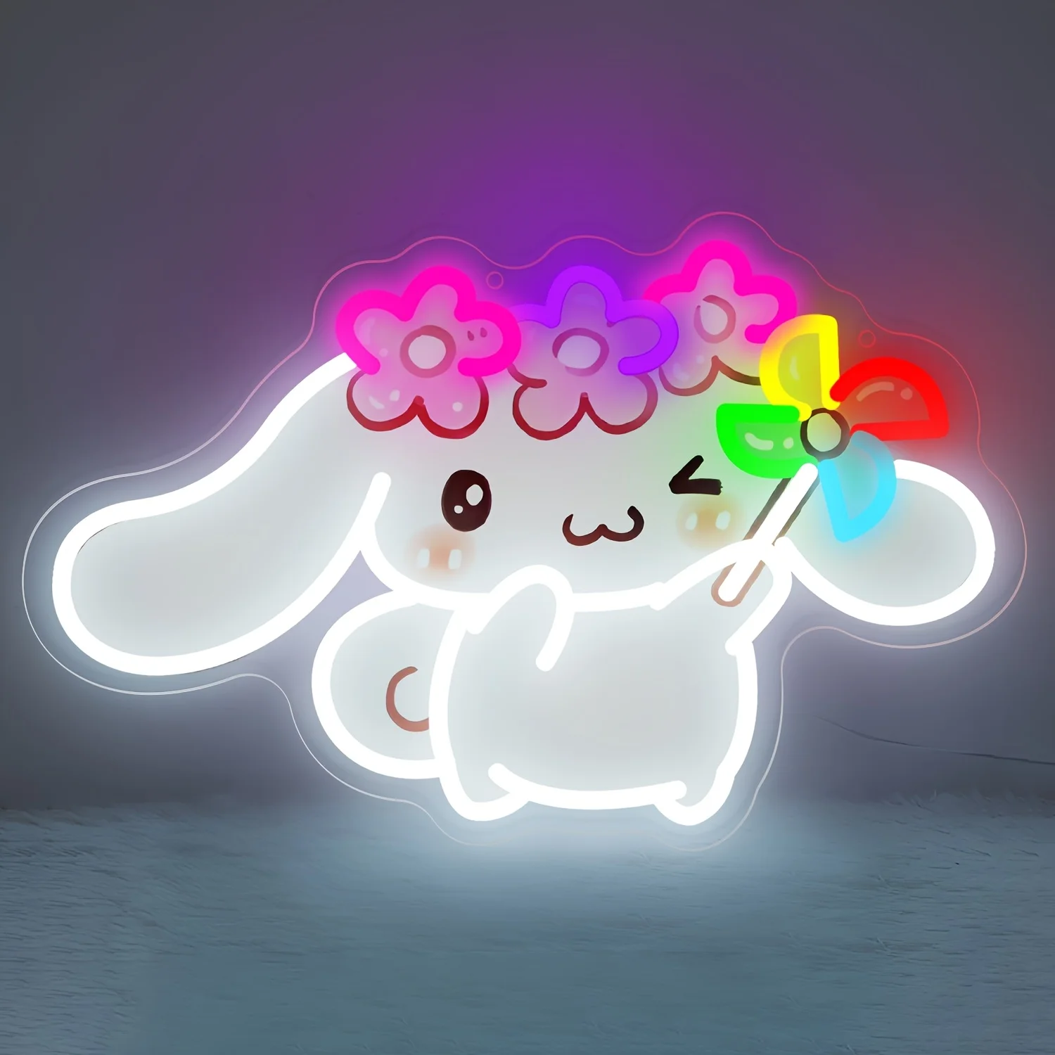 

Светодиодный неоновый светильник Yugui Dog с цветочной короной и вращающимся колесом, ночник для детской комнаты девочек, декор для спальни, настенное искусство Kawaii Sanrio, подарок