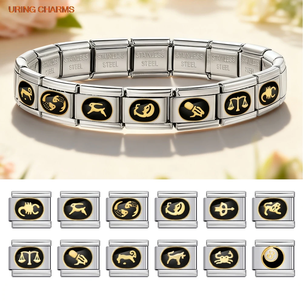 New Fashion Women Men Black Style 12 Constellation Italian Charms Links Fit 9mm Bracelet Stainless Steel DIY Making Jewelry Gift