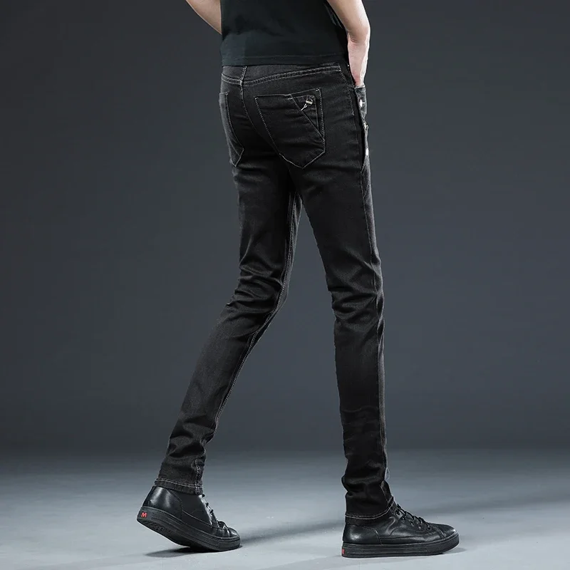 Autumn Men\'s New Button Skinny Jeans Black Gray Multi-button Youth Skateboard Stretch Denim Trousers Slim Straight Male Pants