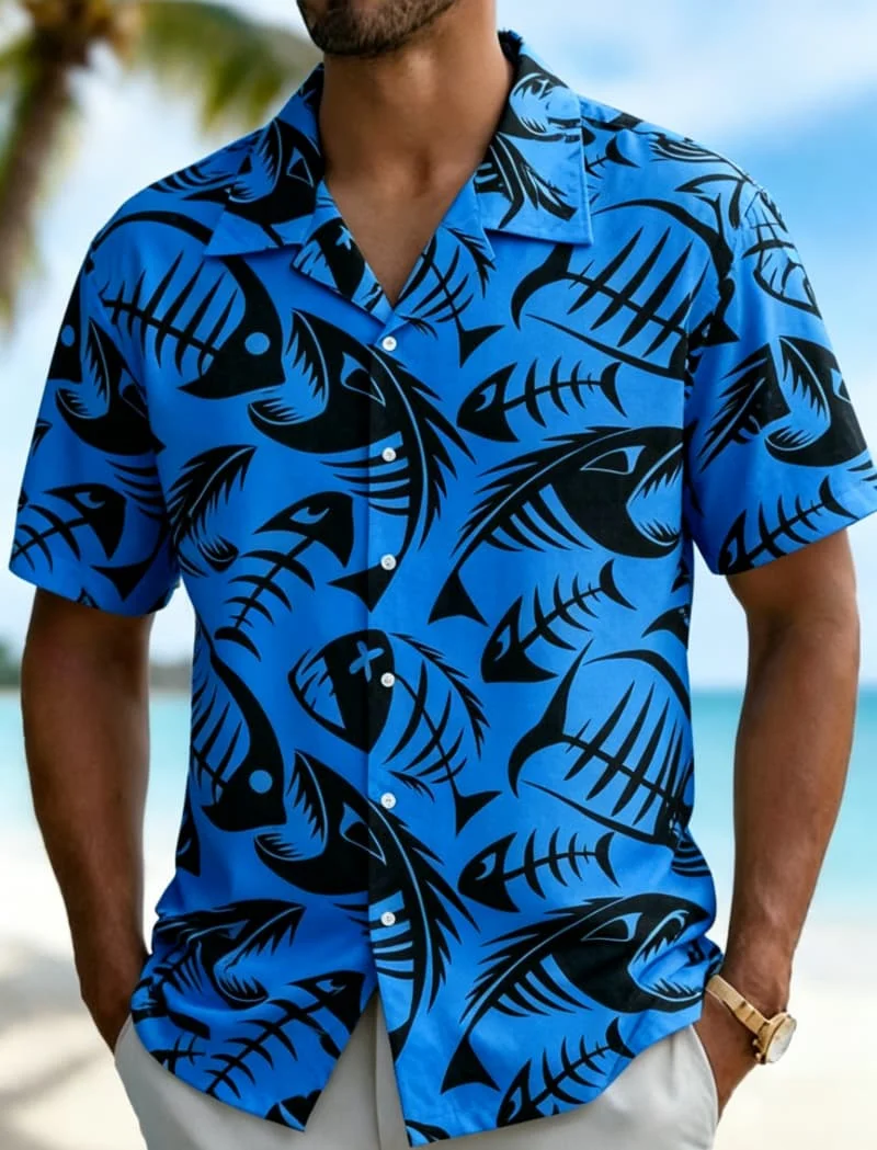 Men's Polynesian Tribal Fish Bone Print Shirt, Ocean Tribal Style for Summer Holiday, Beach Trips, Daily Outings & Casual Wear