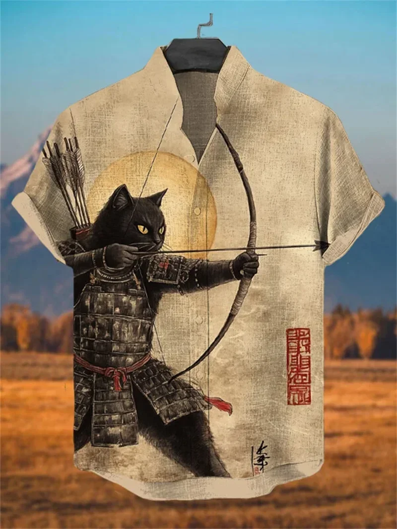 Men's Vintage Linen Short Sleeve Shirt Summer Art Cat Print Casual Top