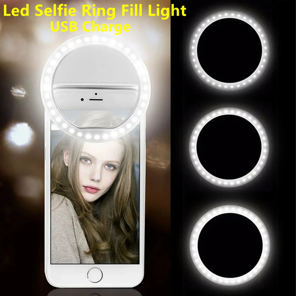 

Светодиодное кольцо с зарядкой через USB, светодиодное заполняющее освещение для селфи, совместимое с iPhone, Samsung, Xiaomi, кольцо для объектива мобильного телефона, зажим для селфи, лампа