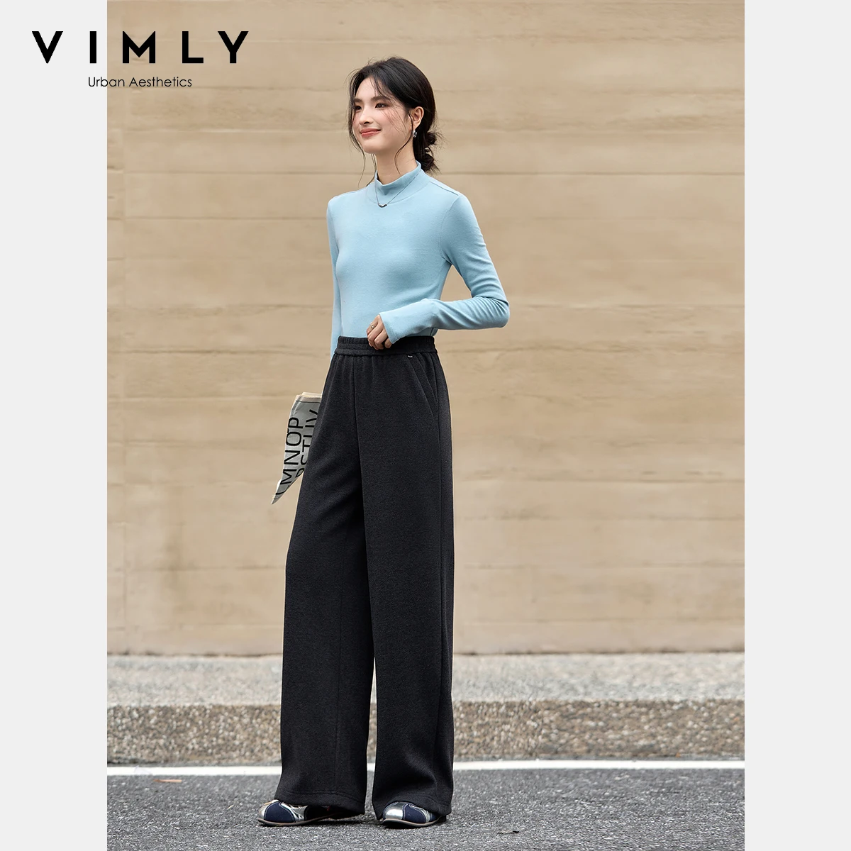 VIMLY femme gris pantalons longs décontracté tricoté jambe large femme pantalon automne 2025 poches élégantes ample Strecth dames pantalon A2538