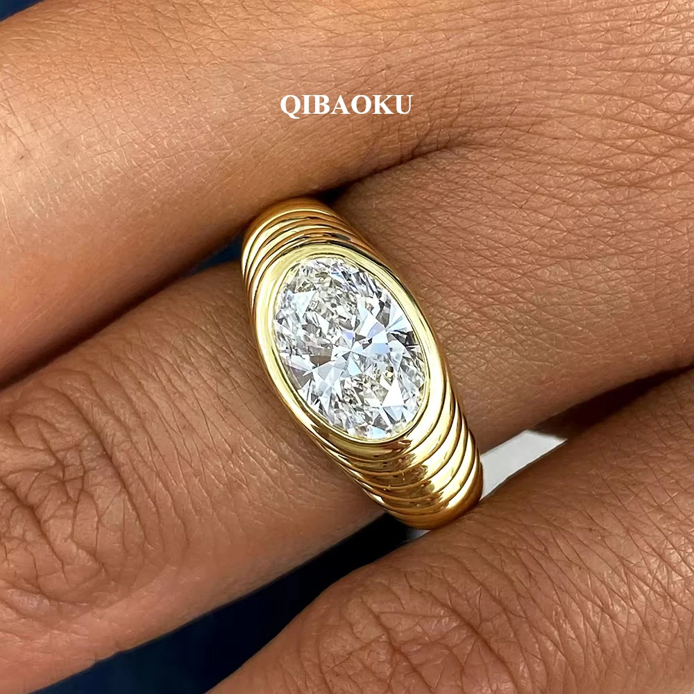 QIBAOKU 1.5CT Oval Moissanite Rings S925 Sterling Silver Solitaire Diamond Threaded Thick Band For Women Men Jewelry Gifts 2026