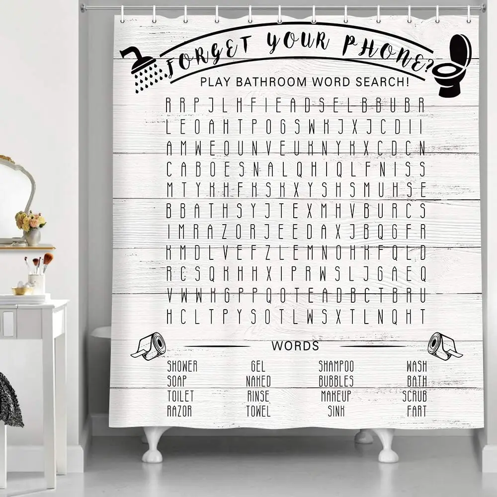 Funny Bathroom Word Search Shower Curtain Forget Your Phone Retro Wooden Plank Country Rustic Decor Hooks