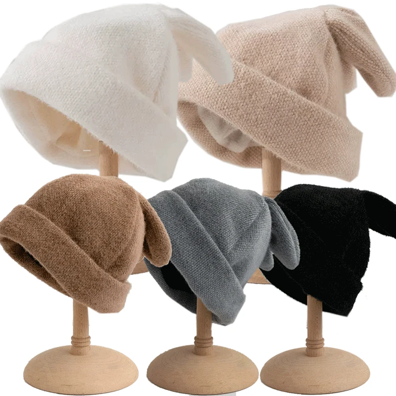 

Women Draping Rabbit Ears Rabbit Fur Hat Women Autumn and Winter Knitted Wool Hat Winter Warm Korean Version of Japanese Hats