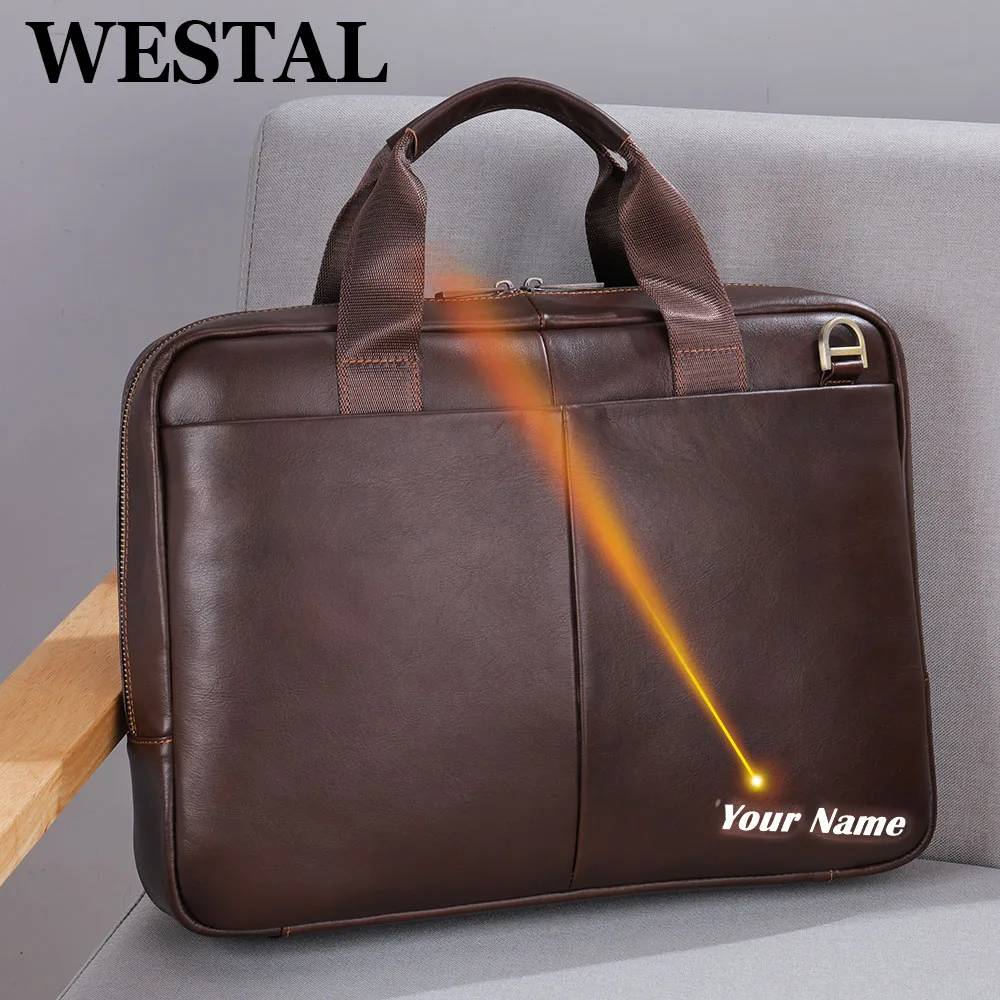 WESTAL-Bolso de cuero genuino para ordenador portátil para hombre, maletín para documentos A4, 8523