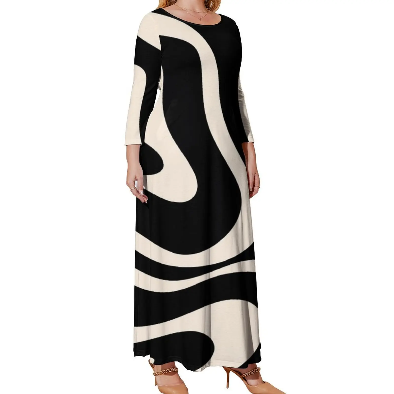 Vestido de manga larga con patrón abstracto de remolino líquido moderno para mujer, vestidos cuadrados en negro y crema de almendra, vestidos de verano