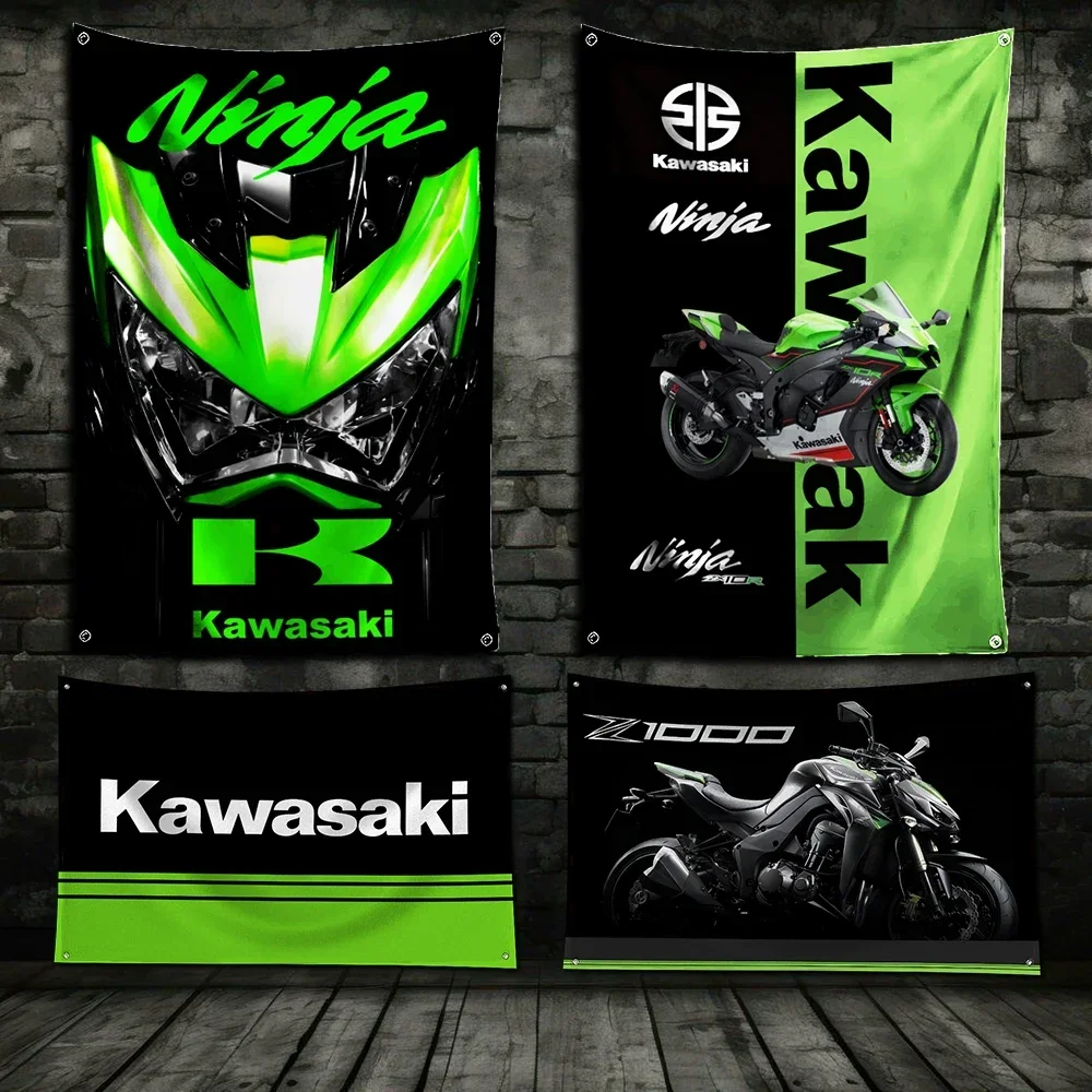 25-Racing Green Motorcycle K-KawasakiS Flag Polyester Digital Printing Banner For Garage or Out door Decoration