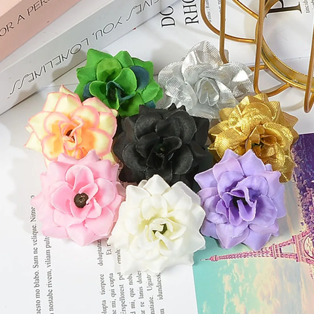 50 Pieces 4.5cm Autumn Gold Mini Rayon Rose Head DIY Scrapbook Cheap Garland Fake Flowers For Wedding Decoration