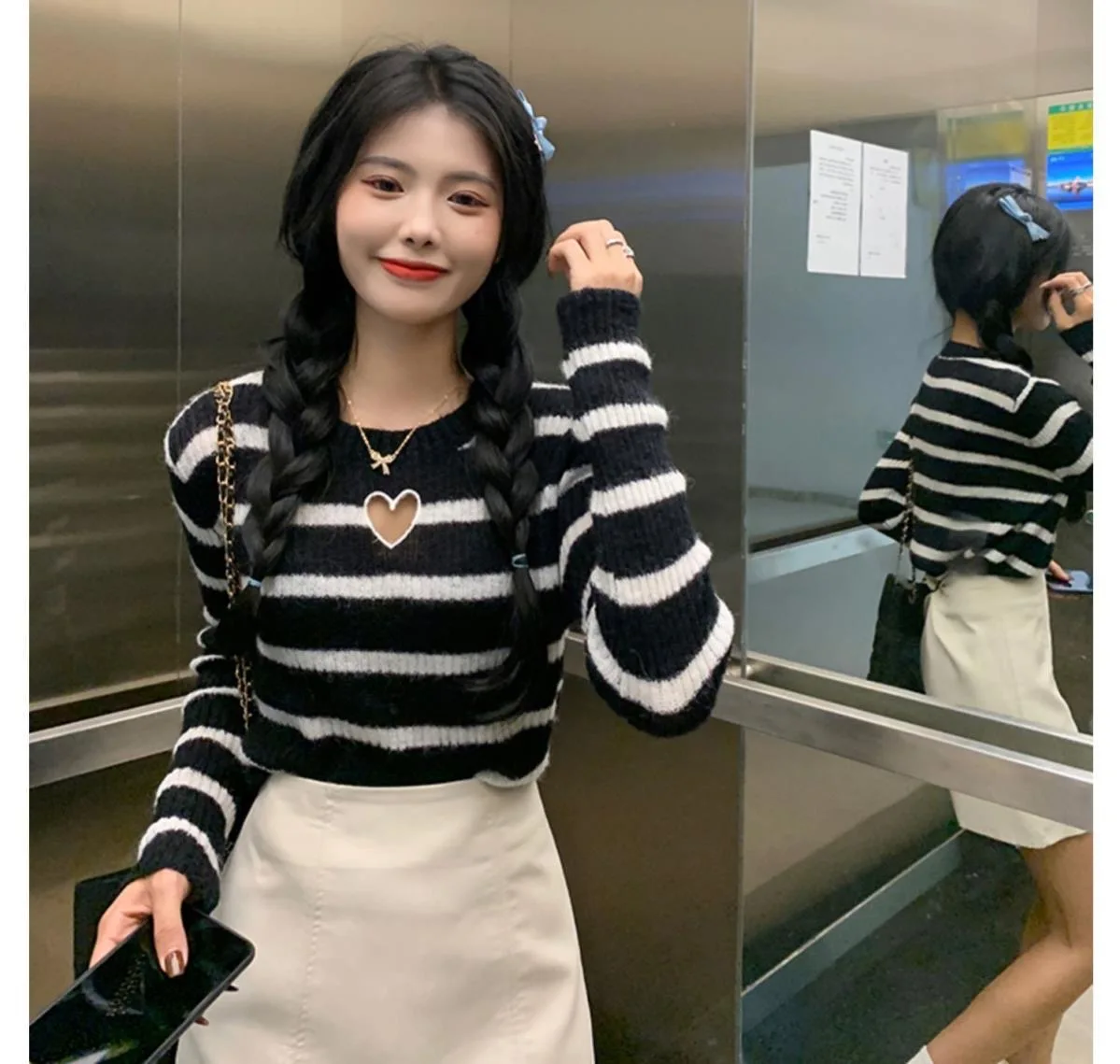 

Autumn and winter striped love heart hollow ou slim knit sweater for women