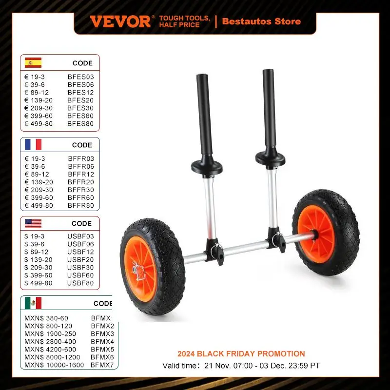 VEVOR Heavy Duty Kayak Cart, Detachable Canoe Trolley Cart with 10'' Solid Tires, Adjustable Width & Top Foam Protection