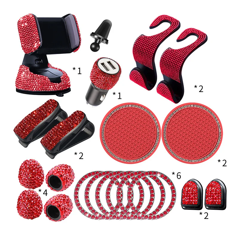 20Pcs/Set Rhinestone Car Phone Holder Universal Auto Interior Hooks Sticker Pad Set Pink Bling Car Accessories for Women