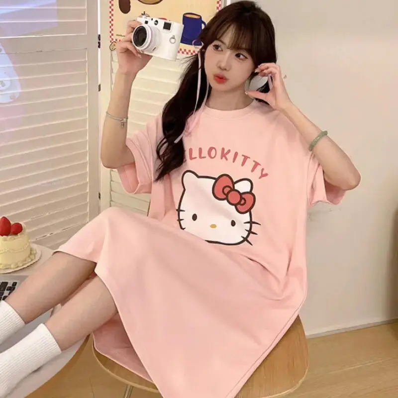 Miniso أنيمي مرحبا كيتي بيجامة فستان الصيف تقليد القطن النوم تنورة الكرتون المألوف فضفاض المنزل الملابس في الهواء الطلق الهدايا