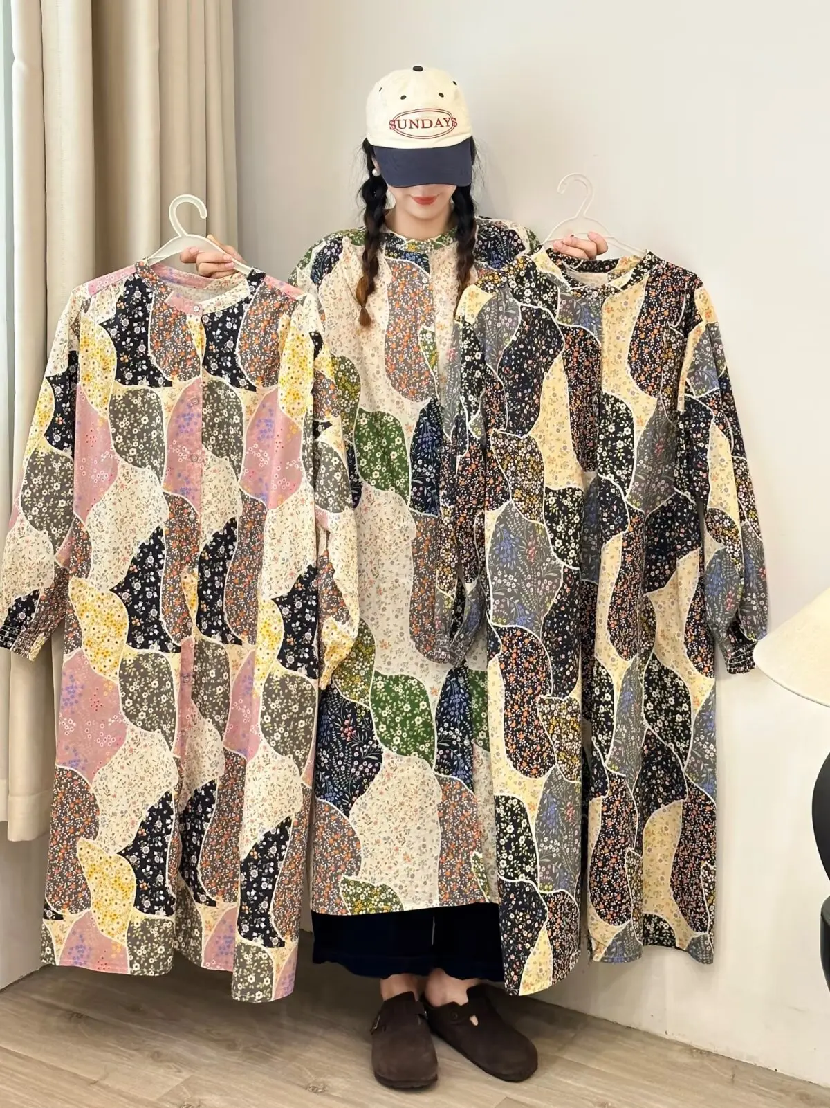 

2026 Harajuku модное лоскутное платье-рубашка из чистого хлопка с принтом для женщин, винтажное платье, женская одежда среднего возраста