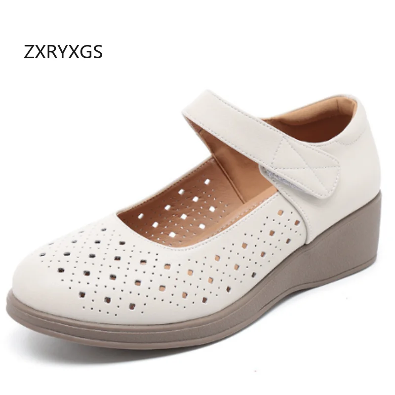 

ZXRYXGS 2026 New Genuine Leather Hollow Spring Summer Shoes Wedges Mid Heels Large Size Comfort Breathable Shoes Women's Shoes