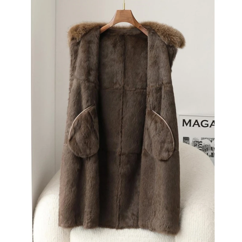 Abrigo largo de piel de conejo para mujer, cuello de piel de zorro, chaqueta cálida, Parka, JT3447, Invierno