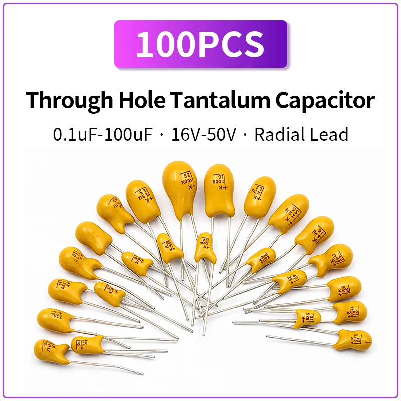 100PCS Through Hole Tantalum Capacitor 0.47uF-47uF 16V-50V Radial Lead Polarized Capacitor Component