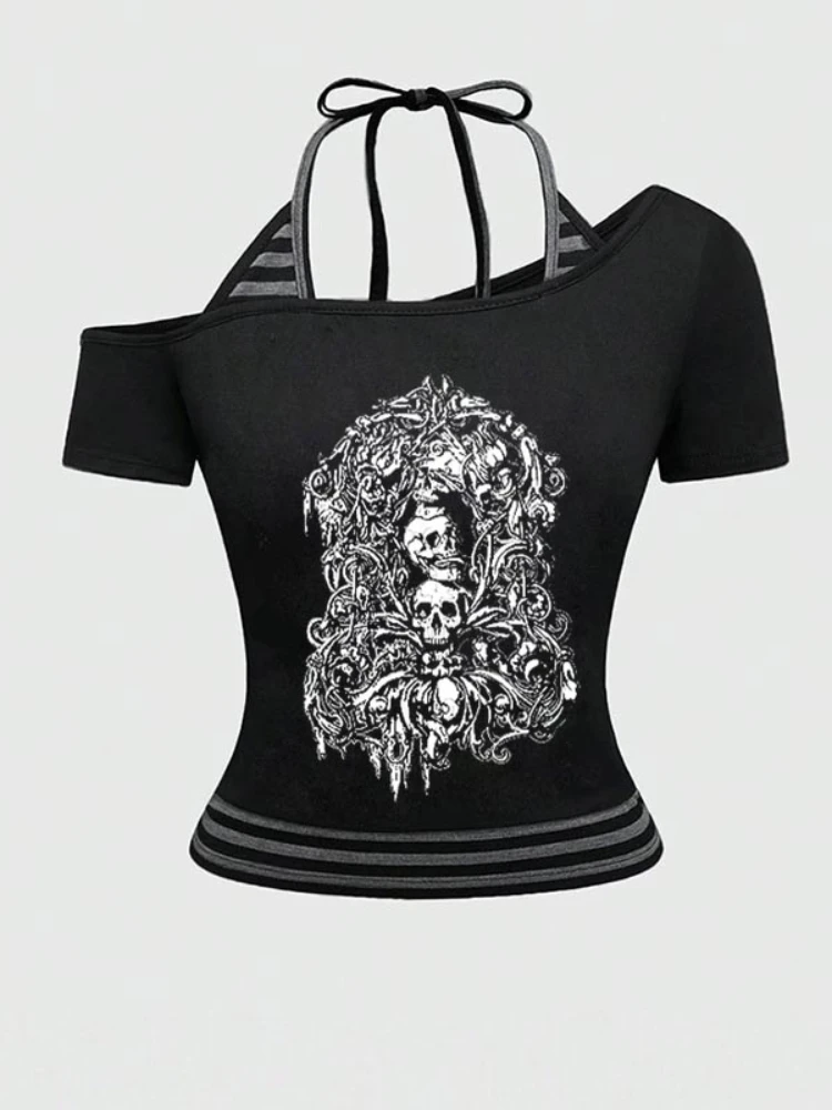 

Women's slim fit printed short sleeved T-shirt, lace up T-shirt, skull print, retro, fake two-piece suspender, Off Initiated，