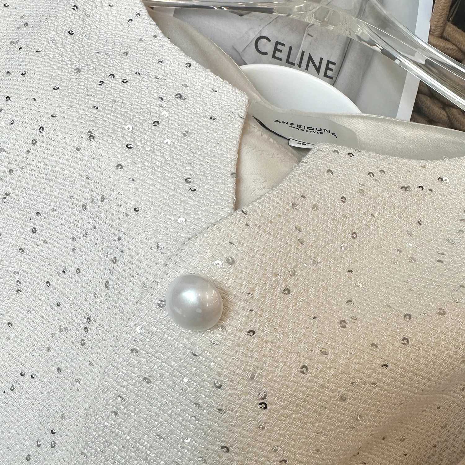 Women's Sequined Cropped Jacket with Pearl Button, Extra Short Coat, Beige Outerwear, Y2k style, Cropped jacket