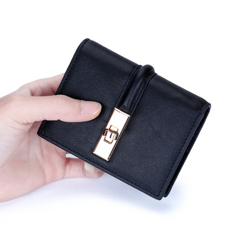 

Женский кошелек из натуральной кожи класса люкс, компактный короткий кошелек с защитой от кражи и поворотным замком, с несколькими отделениями для карт, монетница для женщин