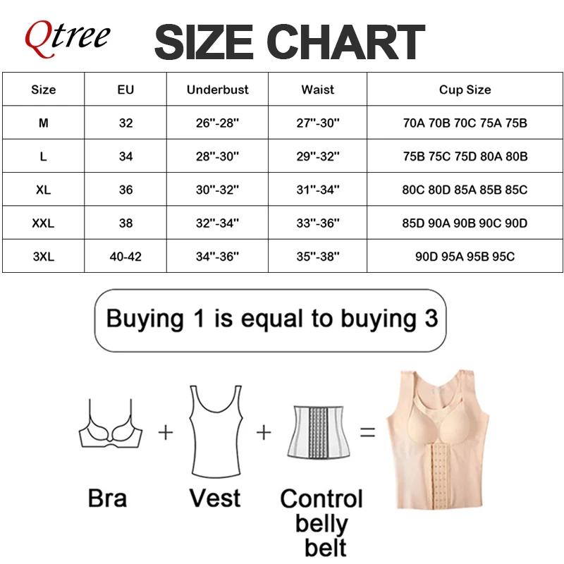 Qtree Slimming Corset Waist Trianer Vest Body Shaper Tummy Control Shapewear for Women Back Support Padded Bra Underwear Belt