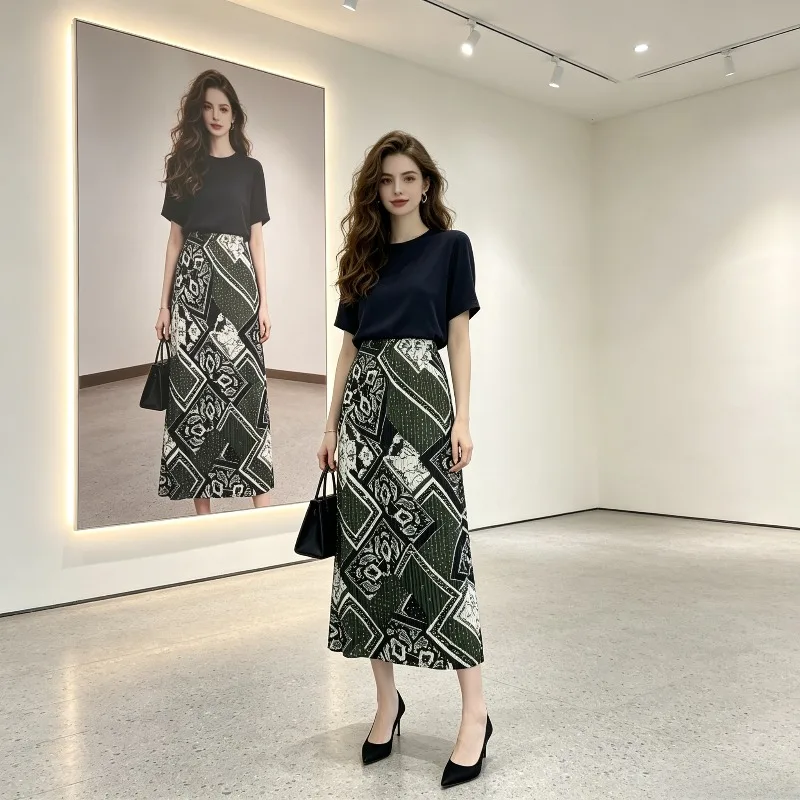 Miyake Pleated 2026 New Original Retro Ethnic Print Fashion Casual Skirt Women Summer Thin High Waist Versatile Straight Skirt