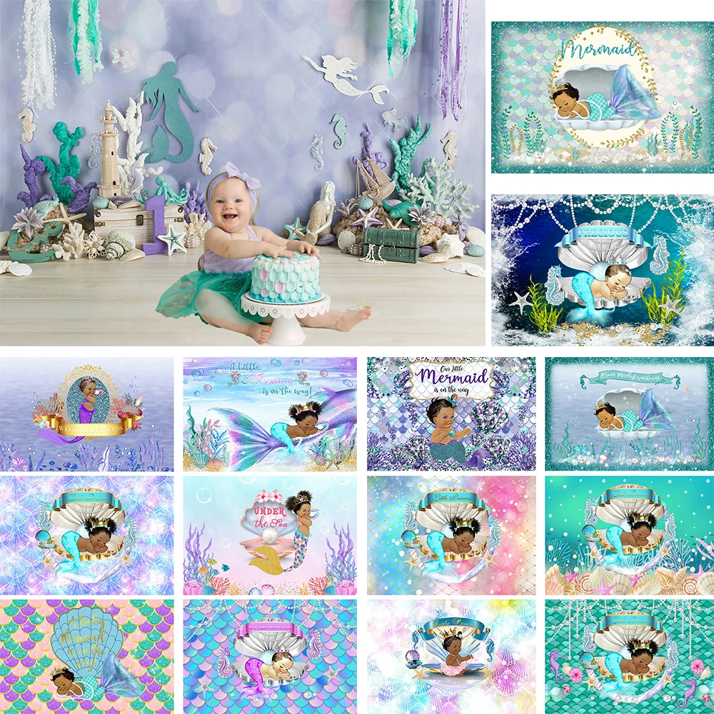 

Newborn Mermaid Baby Girl Birthday Party Background Poster Pearl Shining Photography Decoration Backdrop Prop Studio Photo Zone