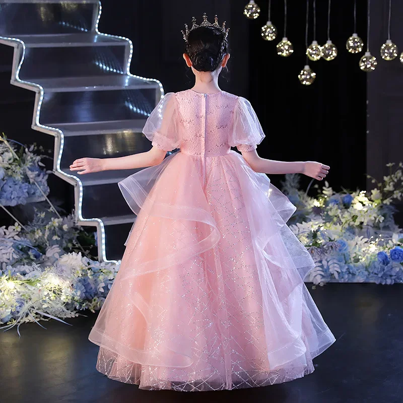 Kids Dresses For girls Party Wedding Long dress Sequins Beaded embroidery Children Pageant Gown Girls Princess pink Tulle Dress